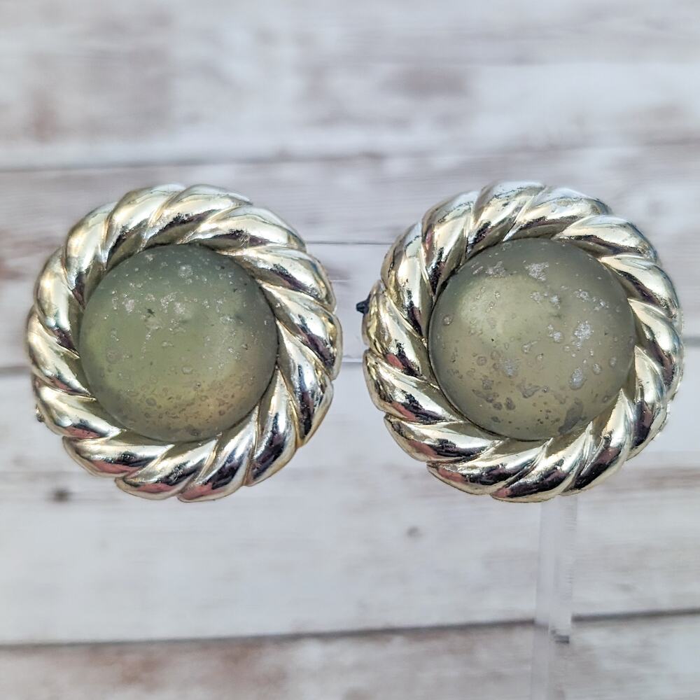 Vintage Clip On Earrings - 1.5" Speckled Green with Gold Tone Halo Statement